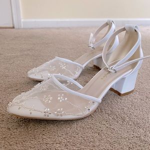 White block heels w/crystal-embellished tulle topline by Ilkin Bride Shoe Design